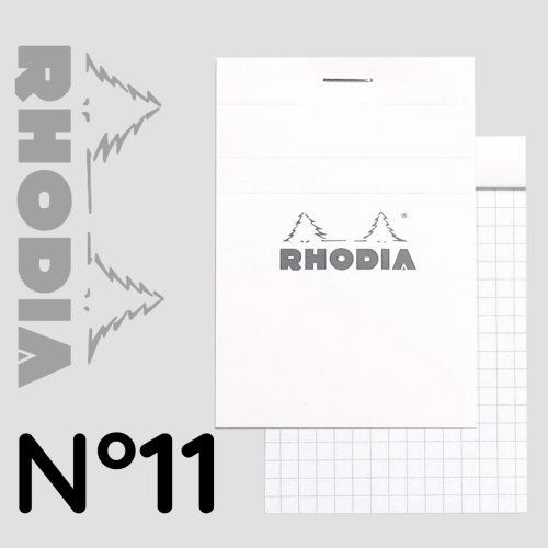 Rhodia 'Basics' WHITE No 11 Bloc / Head Stapled Pad ; 7,4X10,5cm (A7), square ruled (5x5), 80 sheets - WHITE COVER