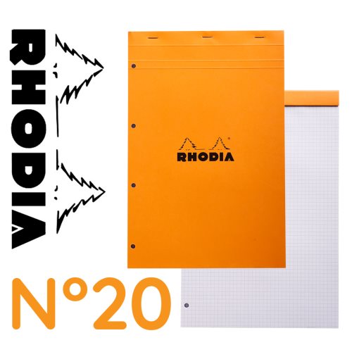 Rhodia 'Basics' No 20 Bloc perforé / Head Stapled Punched Pad ; 21x31,8cm (A4), square ruled (5x5), 80 sheets - ORANGE COVER