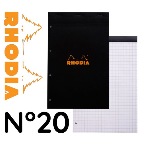 Rhodia 'Basics' No 20 Bloc perforé / Head Stapled Punched Pad ; 21x31,8cm (A4), square ruled (5x5), 80 sheets - BLACK COVER