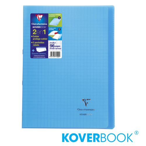 KOVERBOOK : Cahier avec Coverture Robuste, A4 (21x29,7cm) - grands carreaux (séyès) - 96p (transparent bleu)