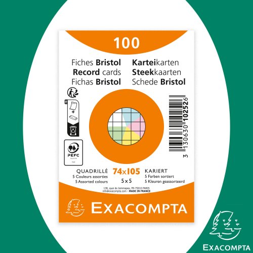100X Fiches Bristol / Record Cards - A7 (74x105mm) - 5x5 (grid); Asst' (4 Col's + white)