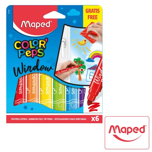 6 Feutres / Felt Pens ; Maped Color'Peps 'Window' Markers, jumbo tips - includes microfibre cloth