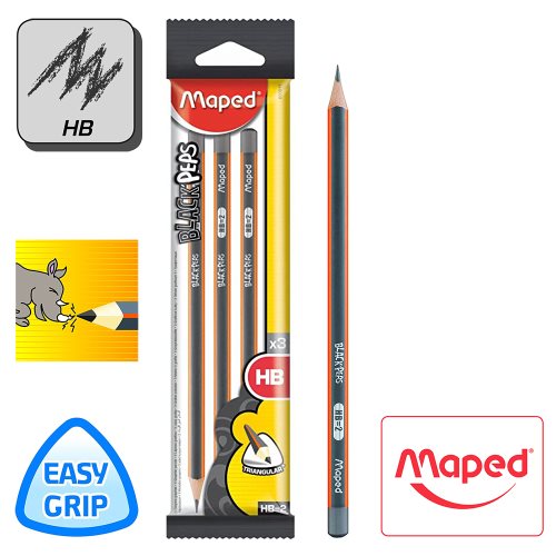 3X Maped 'Black'Peps' HB Pencils - 'Easy Grip' Triangular barrel