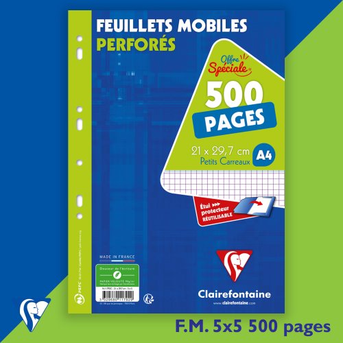 OFFRE SPÉCIALE : Lot de 500 pages Feuillets Mobiles Petit Carreaux 5x5 (grid) Clairefontaine ; Perforées , en pochette