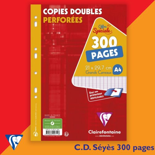 OFFRE SPÉCIALE : Lot de 300 pages Copies Doubles Grands Carreaux Séyès Clairefontaine ; Perforées , en pochette