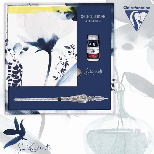 INKEBANA by Clairefontaine ; Calligraphy Set: with mixed paper pad, Jacques Herbin glass pen and 'bleu des profondeurs' bottled ink