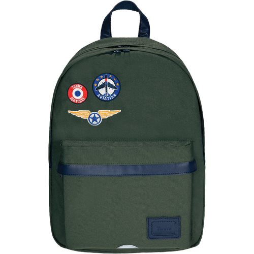Sac / Day Pack by Tann's - Large w. 2 compartments - LES FANTAISIES: 'Tom' (khaki green, blue, badges)