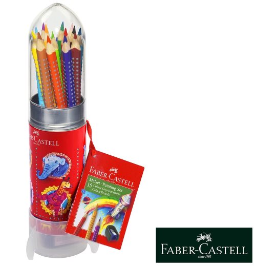 16 Faber Castell GRIP Water-Colour Pencils, with sharpener - 'Rocket' Gift Presentation Tin