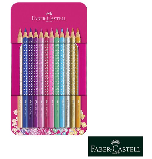 12 Faber Castell GRIP 'Sparkle' Coloured Pencils - Metal Gift Tin