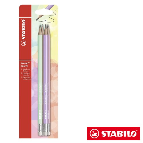 4 Stabilo 'SWANO' Eraser Tipped HB Pencils - Pastel Assortment