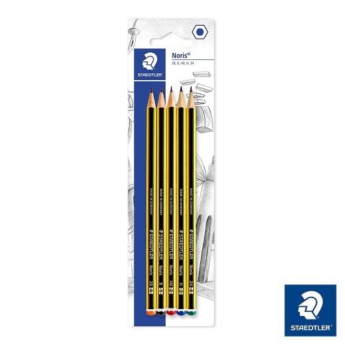 5x Staedtler 'NORIS' Pencils ; graded 2B, B, HB, H, 2H.