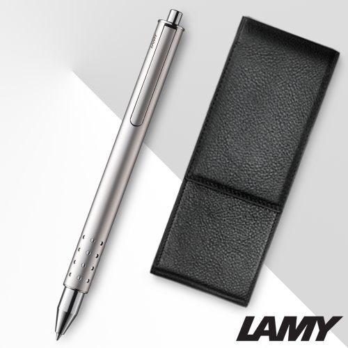 LAMY GIFT SET: 'Swift' retractable Rollerball (330), M66 Blue Ink, with leather case - palladium
