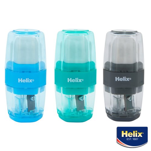 Talle à Crayon / Pencil Sharpener : Helix 'Duo' sharpener & eraser - assorted (blue, grey, turquoise)